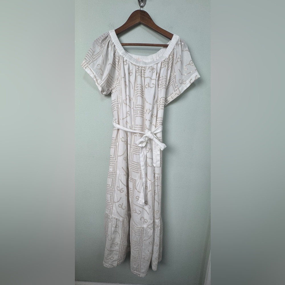 Tuckernuck Oliphant White Off The Shoulder Dress Gold Sequins Embroidered Size M